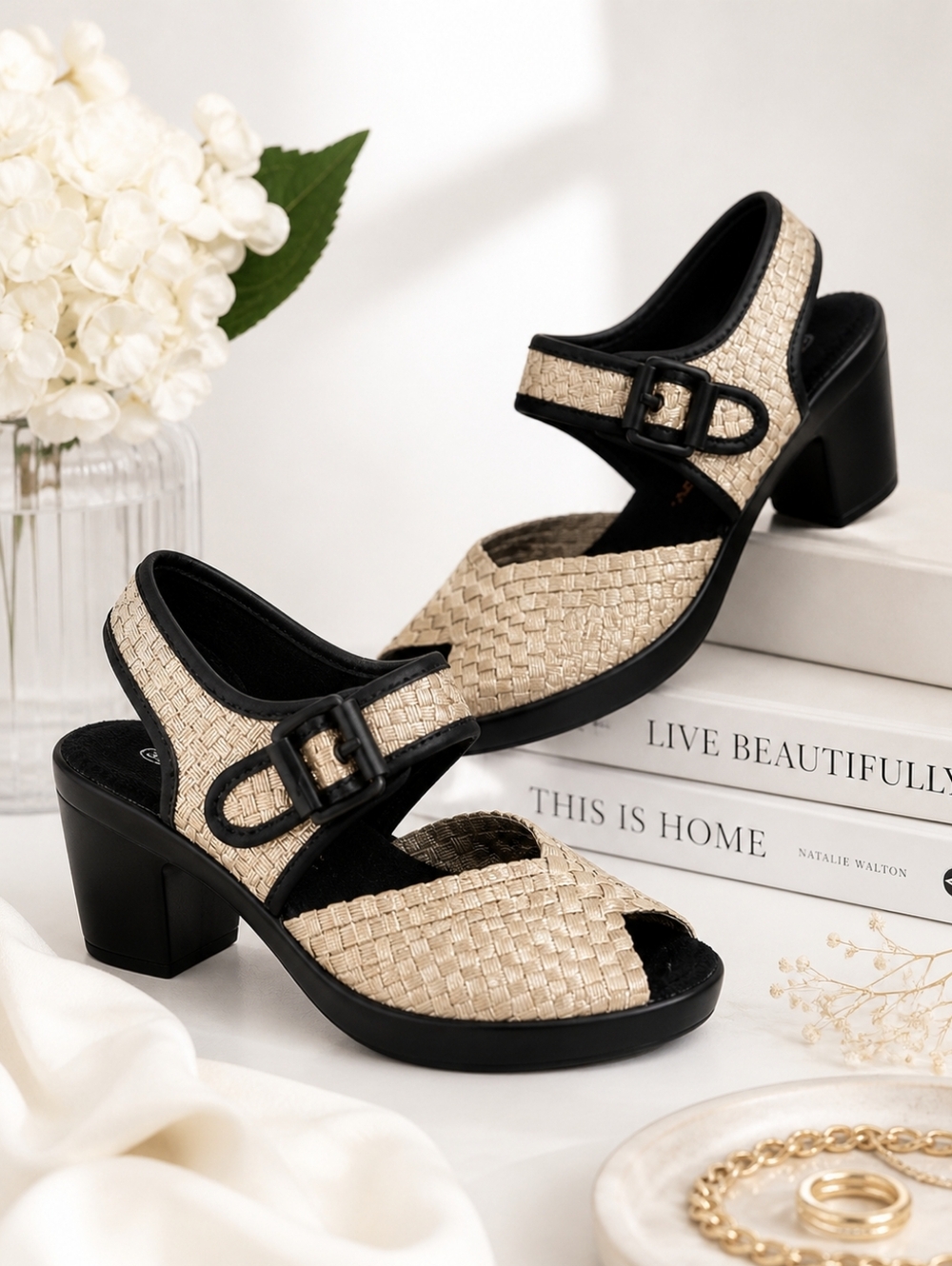 New Gold & Black Elastic Weave Chunky Heel Sandals – EU 38 (US 7) | Velcro Ankle